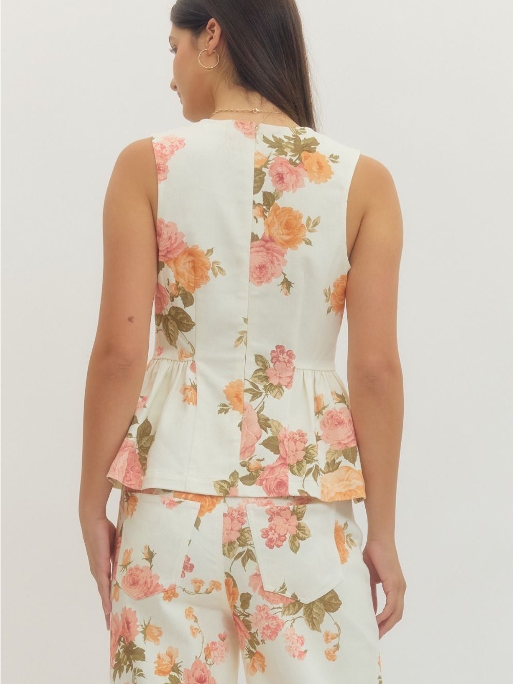 NWT Sleeveless Denim Floral Peplum Top - Pink & Peach Roses Size Medium - Picture 4 of 5